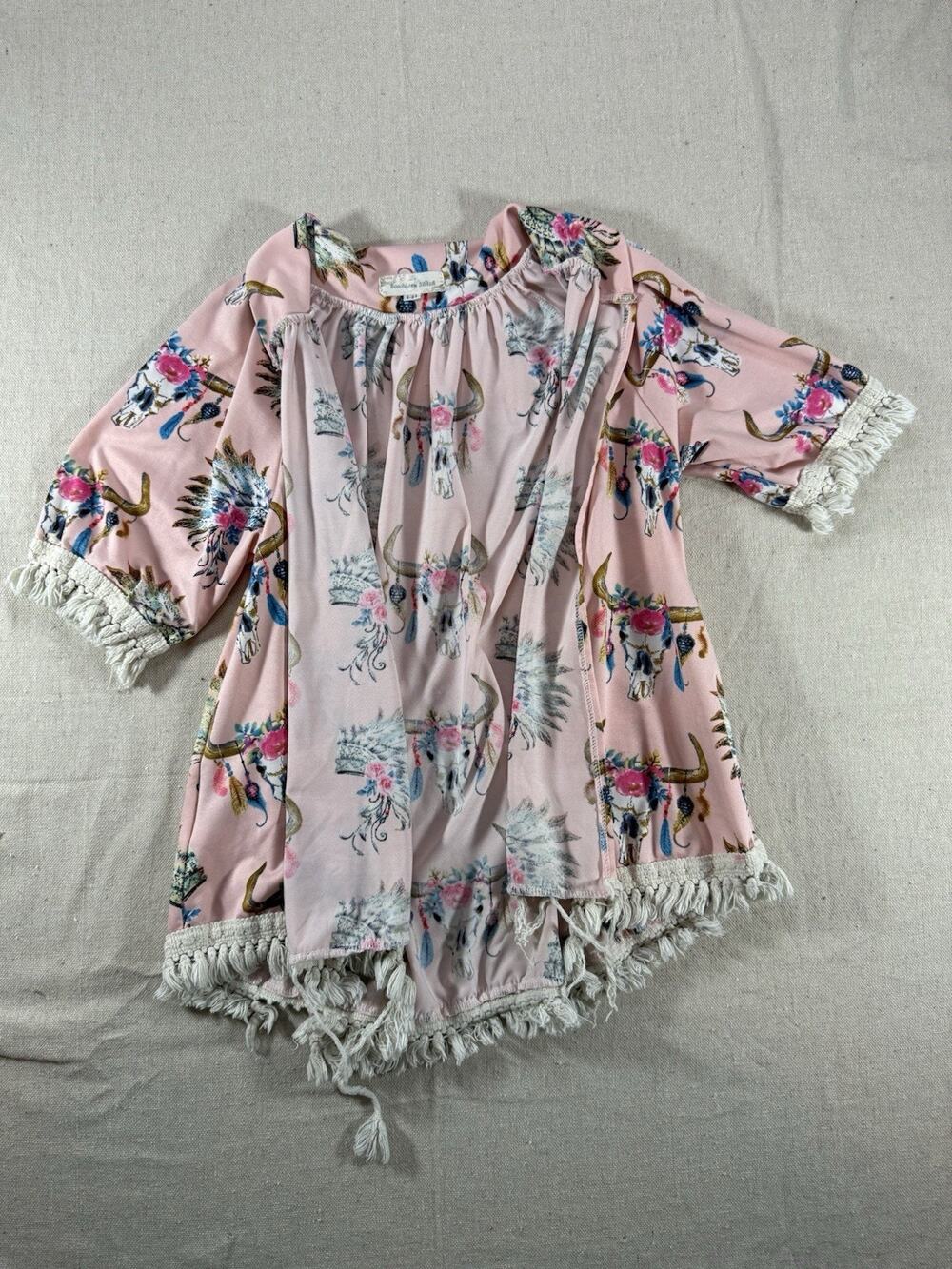 Southern Stitch Girls Size 6-8T Pink Western Steer Skull Floral Fringe Cardigan